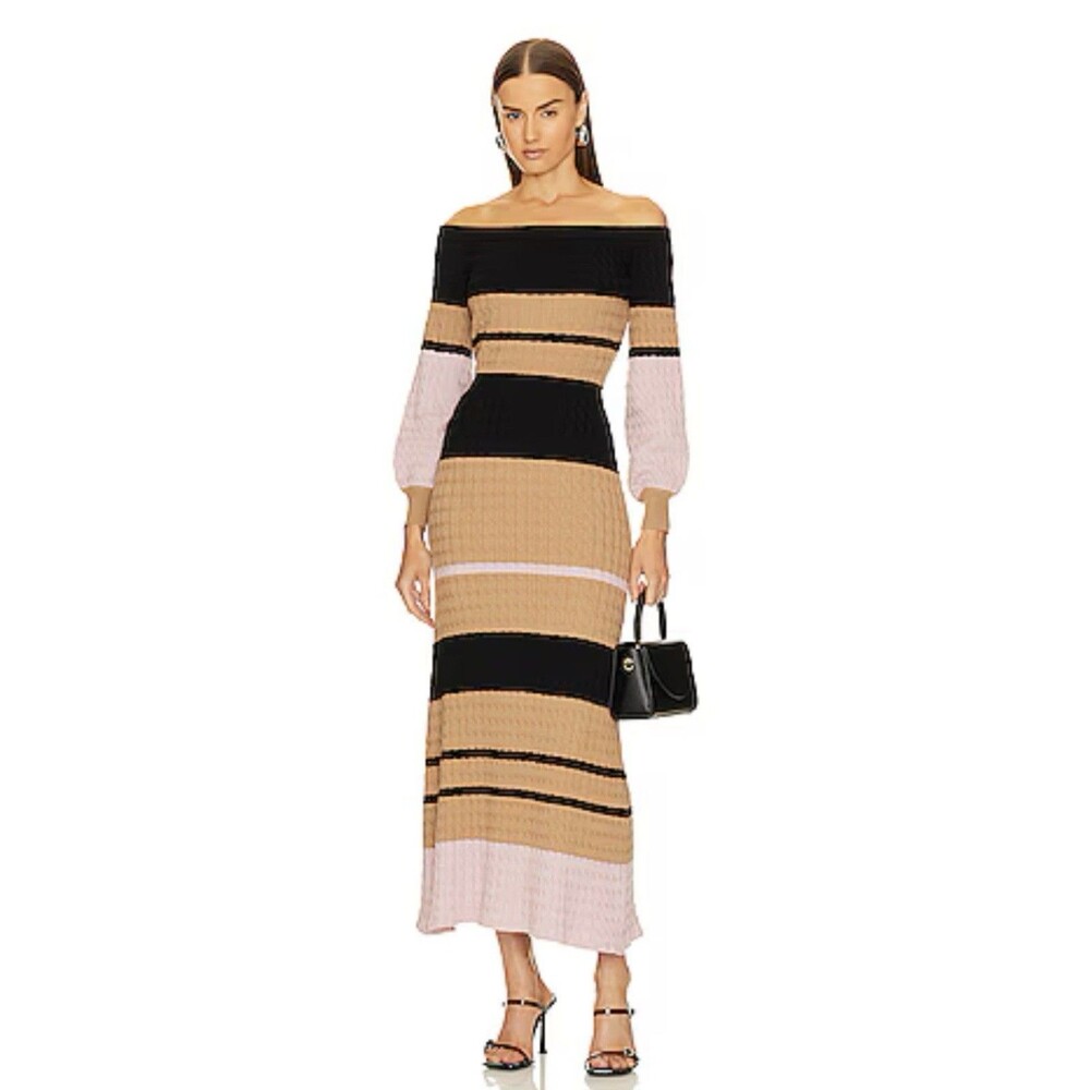 Favorite Daughter Off Shoulder Stripe Maxi Knit Dress Multi Sand Size XXS